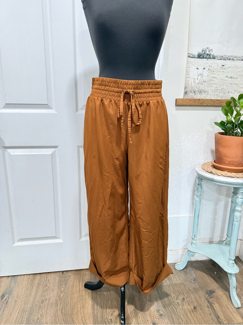 Open Edit Wide Leg Drawstring Pants - Rust Brown
